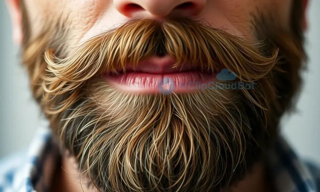 A close-up shot of a man's beard, focusing on the texture and color. The beard should appear healthy and well-groomed. Soft, natural lighting.