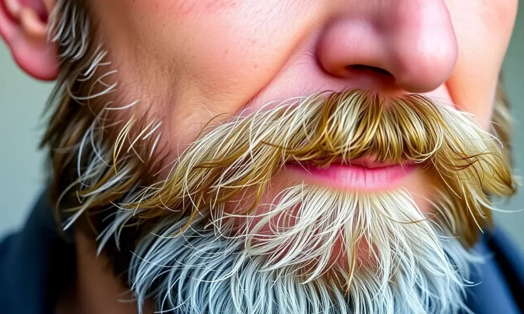 A mature man with a well-groomed beard, close-up showing healthy skin texture and hair strands, natural lighting, realistic detail, no text or symbols on face or beard