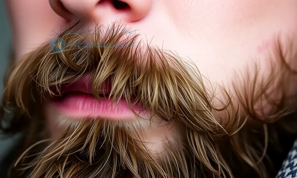 A close-up, detailed image of a man's beard with a few visible blemishes on the skin underneath. The beard is well-groomed but shows signs of needing specific care. Focus on the texture of the beard and the skin.