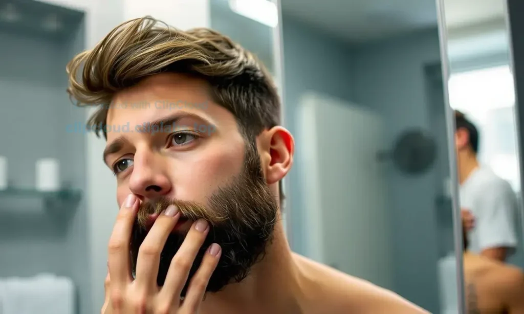 A man in the early stages of growing a beard, with visible stubble. He is gently touching his face, possibly applying a moisturizing or softening product. The setting is a well-lit bathroom with a mirror, showing a clean and organized space. The man has a calm and focused expression, emphasizing the care and attention he is giving to his beard growth.