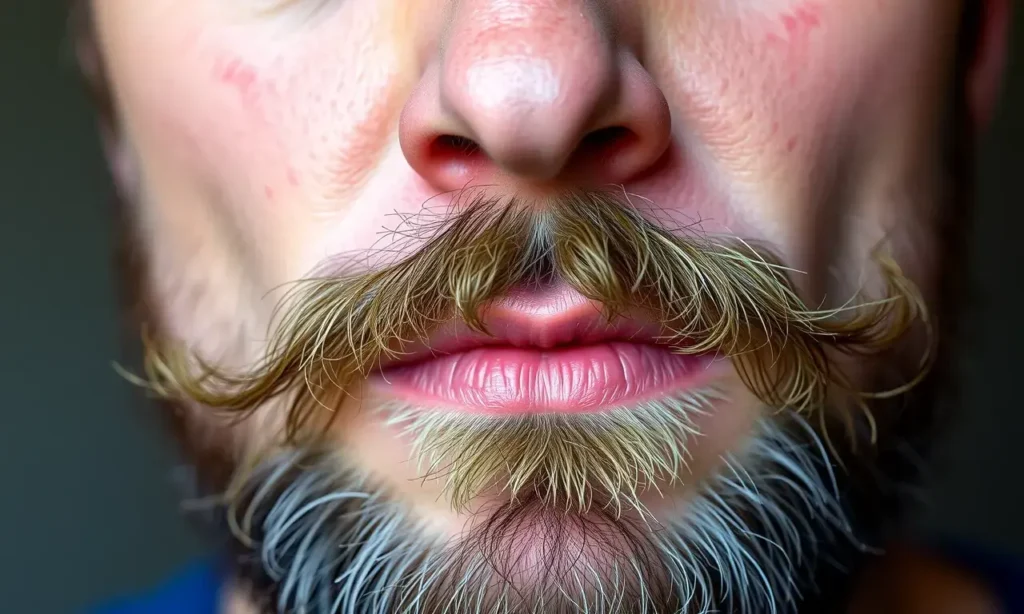 A close-up, high-quality shot of a man's face, focusing on the area under his beard. The skin in this region appears slightly red and irritated, indicating a reaction. The man has a neutral, concerned expression. The lighting is soft and natural, highlighting the texture of the skin and the beard.