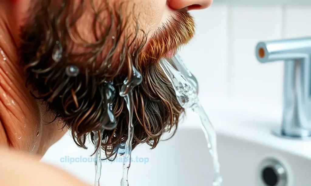 A close-up, high-quality shot of a man's beard being washed with water in a sink. The focus is on the clean, wet beard, with water droplets visible, indicating the removal of wax. The background is a clean, modern bathroom setting. The image should convey a sense of freshness and proper grooming.