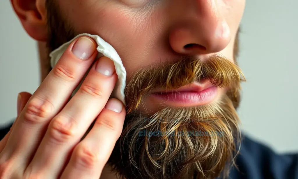 A close-up, high-quality shot of a man's face showing a well-groomed but slightly coarse beard. He is gently touching his cheek with a soft, white cotton pad, illustrating the act of applying a soothing balm or oil. The focus is on the texture of the beard and the gentle action, conveying a sense of care and relief from irritation. The background is a soft, neutral blur to keep the attention on the subject.