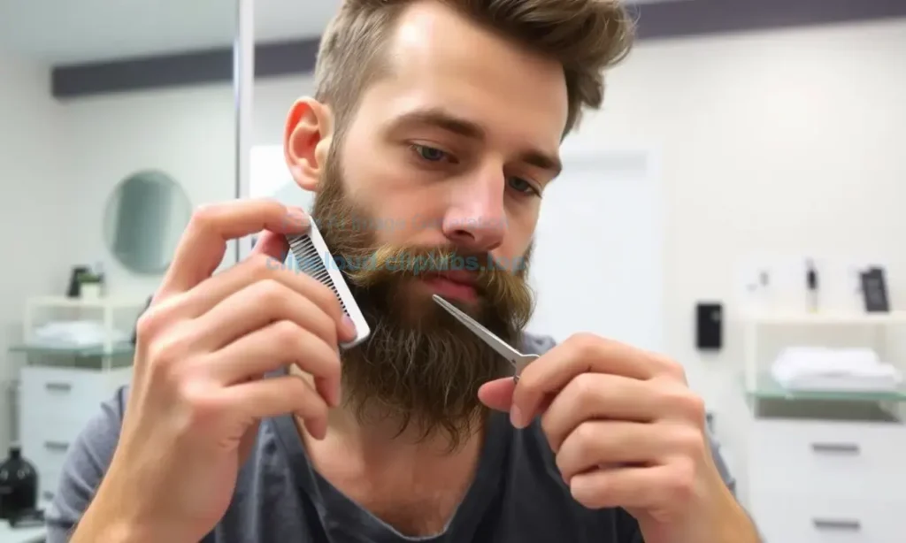 A man grooming his beard with a comb and scissors, showing the process of trimming and shaping facial hair. Include a mirror, a well-lit room, and a clean, organized background to emphasize preparation for beard growth.