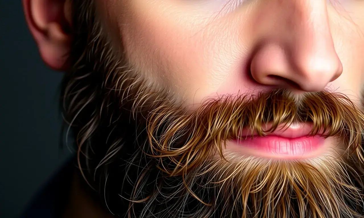 A close-up portrait of a man with a healthy, well-groomed, and dense beard, showcasing the texture and fullness of the facial hair. The skin around the beard appears clean and balanced, not overly shiny or greasy, representing a successful outcome for someone with oily skin. The lighting is soft and professional, highlighting the details of the beard.
