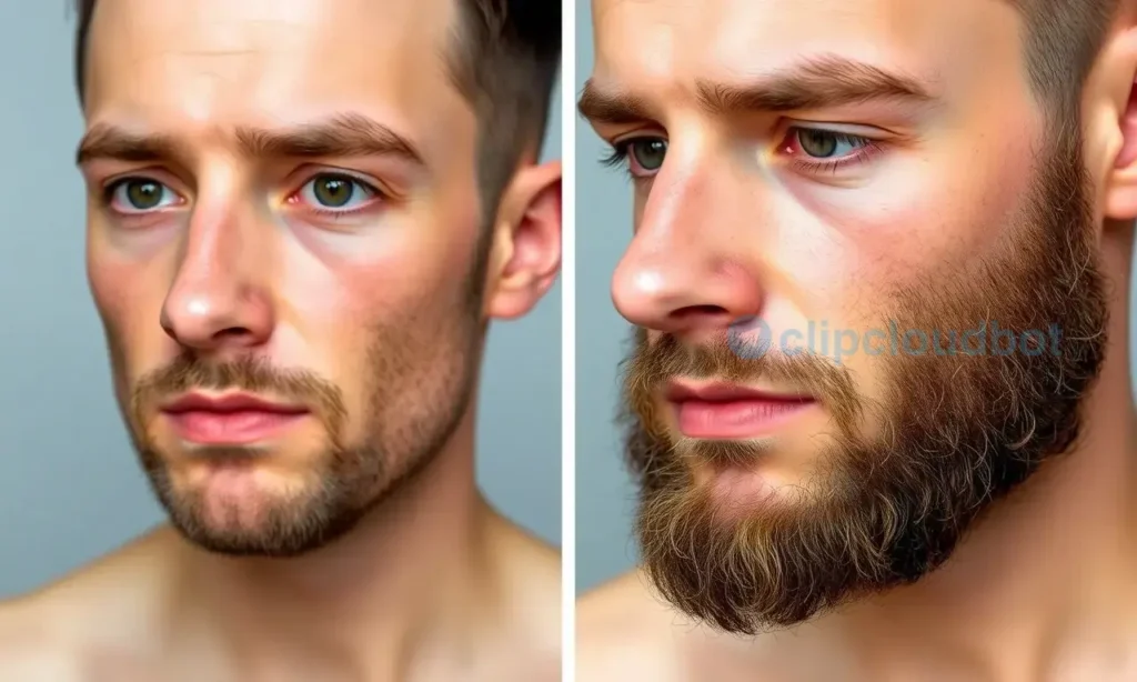 A split-screen comparison image showing a man's face. The left side depicts a clean-shaven area with healthy, matte skin. The right side shows the same area under a beard, but with visible signs of oily skin, including a noticeable sheen or 'bliss' on the skin surface and slightly clogged-looking pores, illustrating the problem of oily skin under a beard.