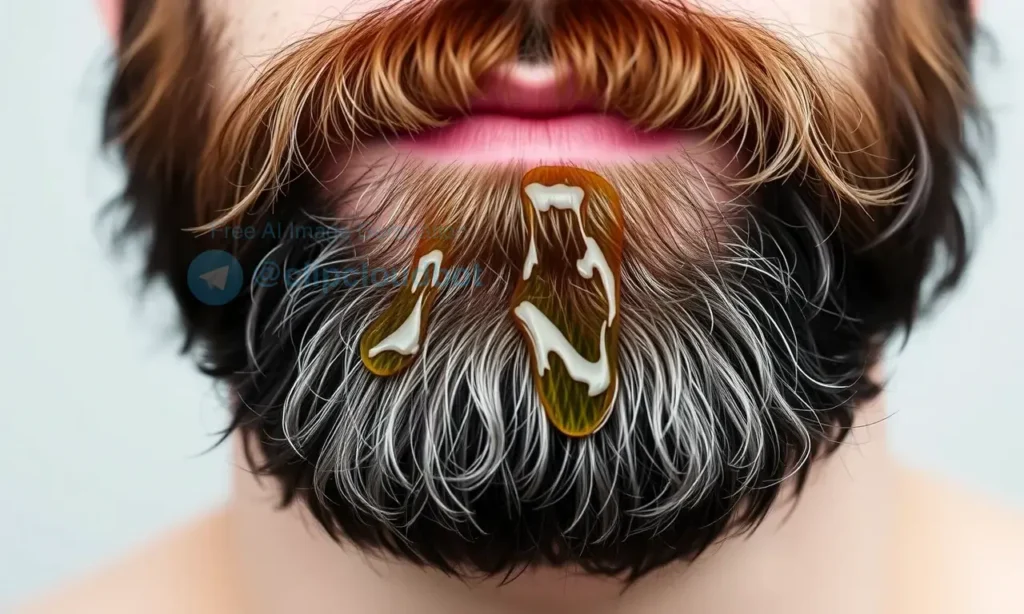 A close-up of a man's beard with a few strands of hair visibly coated in oil, highlighting the texture and shine of the oil on the facial hair. The background is neutral and blurred to focus on the beard and oil application.