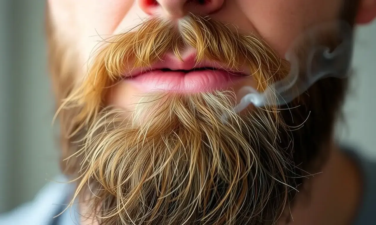 A close-up of a man's beard with visible tobacco smoke residue, showing unpleasant odor as faint gray wisps near the facial hair, soft natural lighting, realistic skin and hair texture, no text or symbols