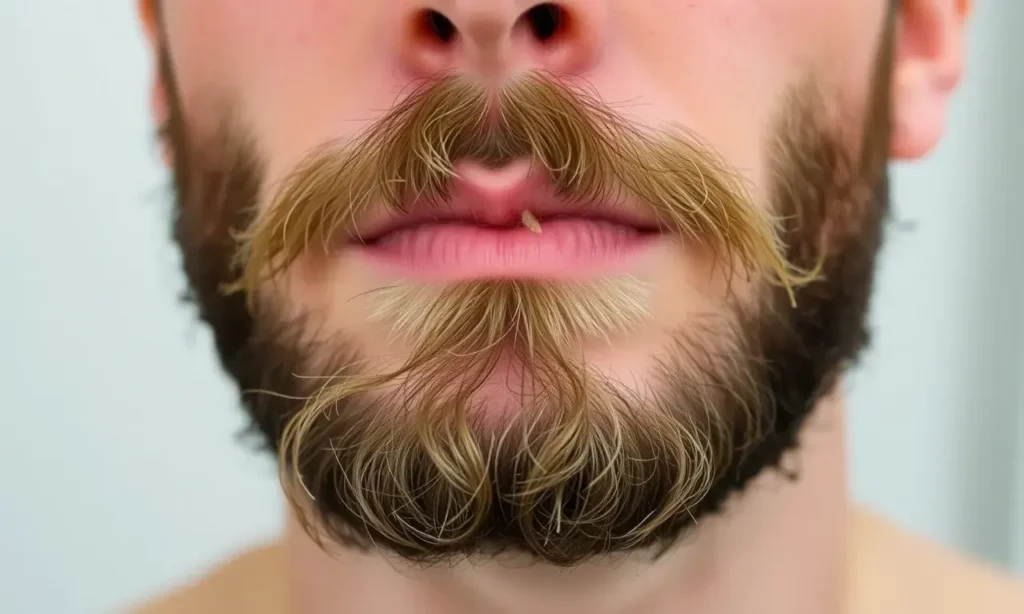 A close-up of a man's face with a beard, showing dry, flaky skin under the beard after a shower. The skin should appear slightly red and irritated, with visible flakes. The beard should be well-groomed but with some areas where the skin is exposed. The background should be neutral and not distracting, focusing on the skin condition.