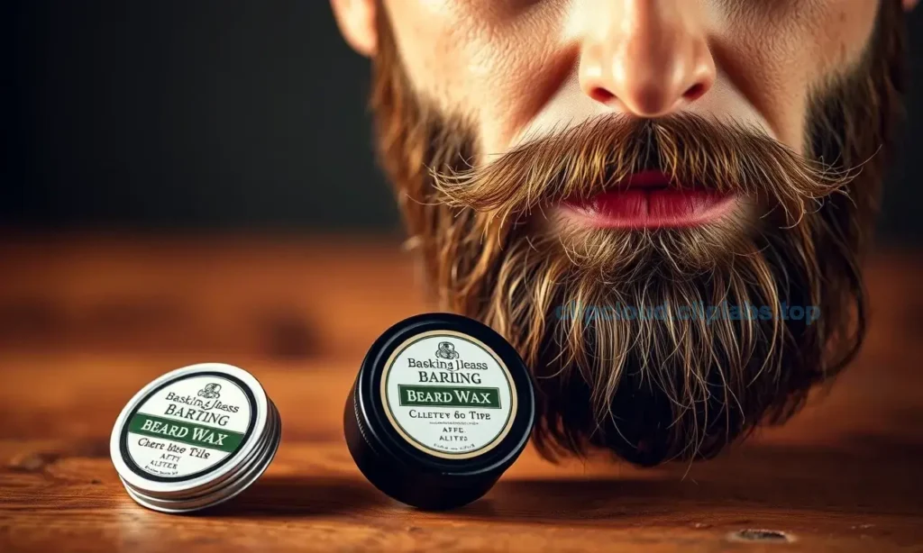 A high-quality, close-up shot of a man's face with a well-groomed beard, demonstrating the application of beard care products. The image should clearly show two distinct products: a small tin of beard wax and a bottle of beard balm, placed next to each other on a wooden surface. The man should be looking at the camera with a confident expression, highlighting the texture and shine of his beard after using the products. The lighting should be warm and professional, emphasizing the details of the