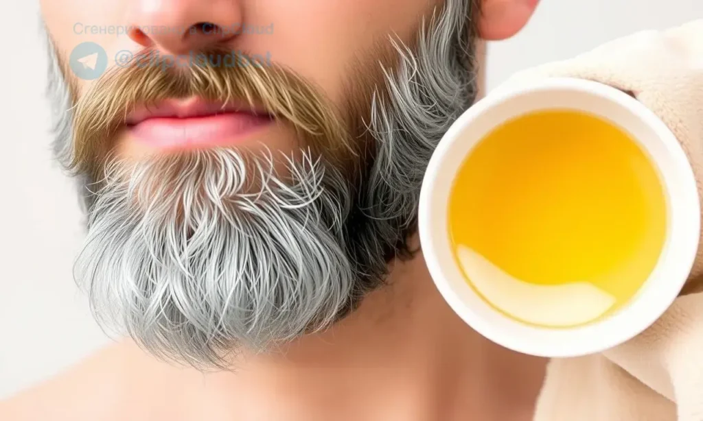A close-up of a man's beard showing a natural, gentle cleansing process to remove yellowish tones from a gray beard without using dye. The scene includes a small bowl of warm water, a gentle soap or natural oil, and a soft towel. The beard appears healthy, slightly shiny, and the background is soft and neutral, emphasizing the natural care routine.