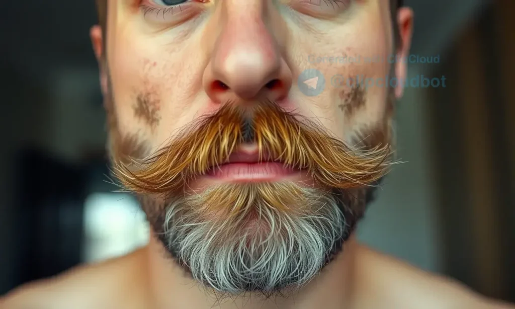 A close-up of a man's face showing an unkempt beard that looks messy and unshaven just one hour after grooming, highlighting uneven growth, stray hairs, and lack of maintenance, with a concerned expression, in a well-lit indoor setting, realistic photography style