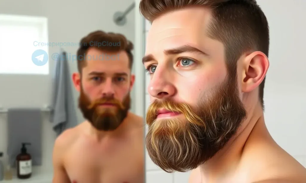 A man with a neatly trimmed beard, looking healthy and well-groomed, standing in front of a mirror in a bathroom. The background includes a sink, a towel, and a bottle of beard oil. The lighting is bright and natural, highlighting the texture of the beard and the cleanliness of the environment.