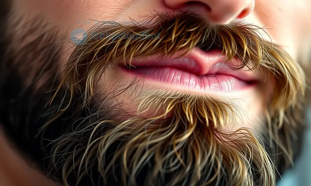 Close-up image of a well-groomed beard with healthy, glowing skin underneath. Focus on the skin texture and subtle details. The beard should be neatly trimmed and styled. Soft, natural lighting.