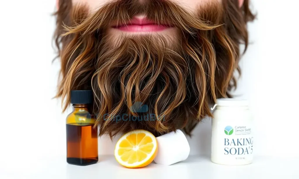 A close-up of a well-groomed beard with visible tobacco smoke residue on the hair strands, set against a clean white background. The beard is dark brown, slightly curly, and shows subtle yellowish discoloration near the tips from tobacco odor. A small bottle of natural beard oil, a lemon slice, and a baking soda container are placed neatly beside it as remedies. Soft, even lighting highlights texture and detail without shadows or glare.