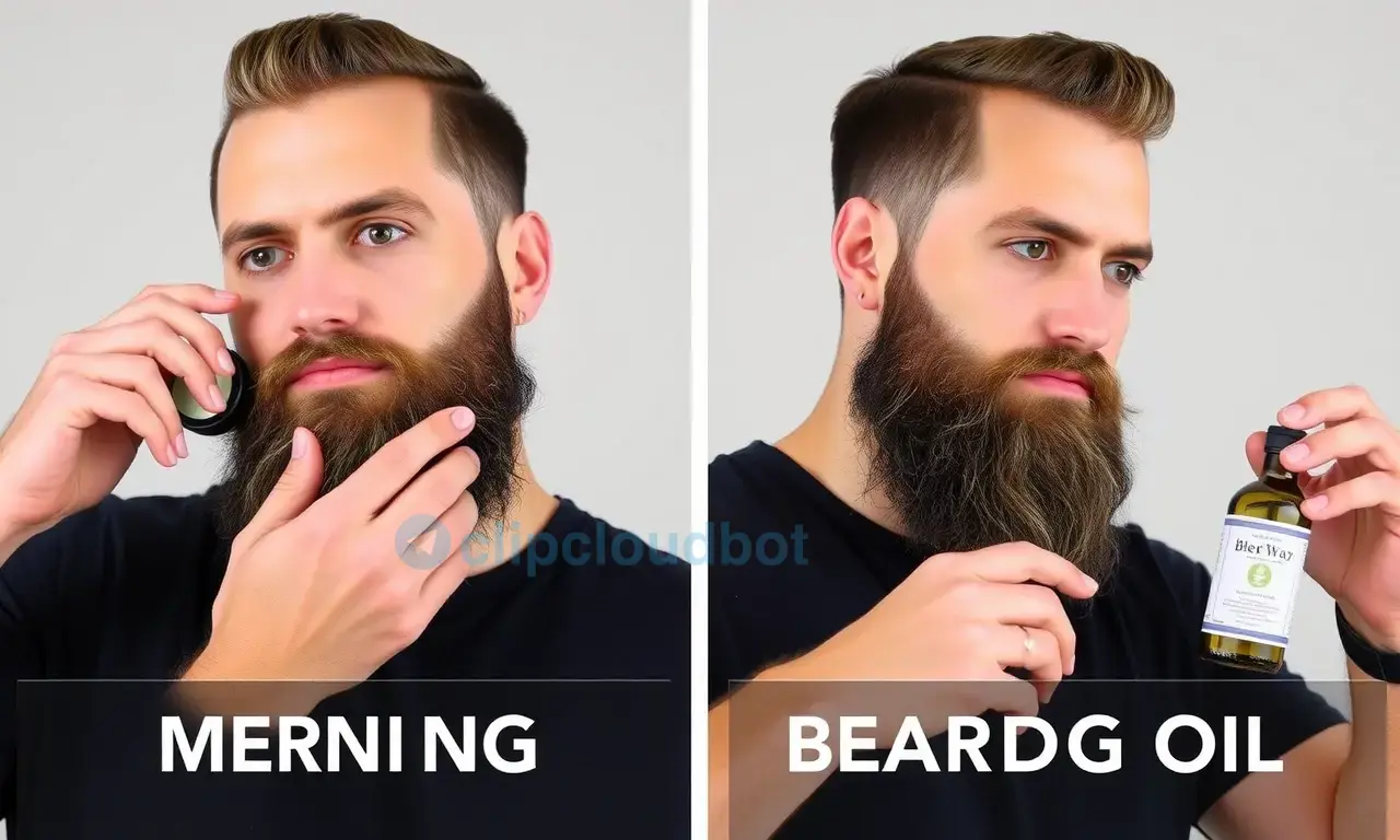 A well-groomed man with a beard, demonstrating the use of beard wax in the morning and beard oil in the evening. The morning scene should show him applying wax to style his beard neatly, while the evening scene should depict him using oil to moisturize and care for his beard. The background should be simple and neutral, focusing on the beard care routine.