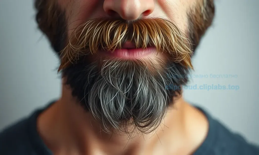 A close-up of a man's beard growing downward, appearing limp and lacking volume, with visible strands drooping and losing shape, natural lighting, realistic skin texture, detailed hair strands, neutral background