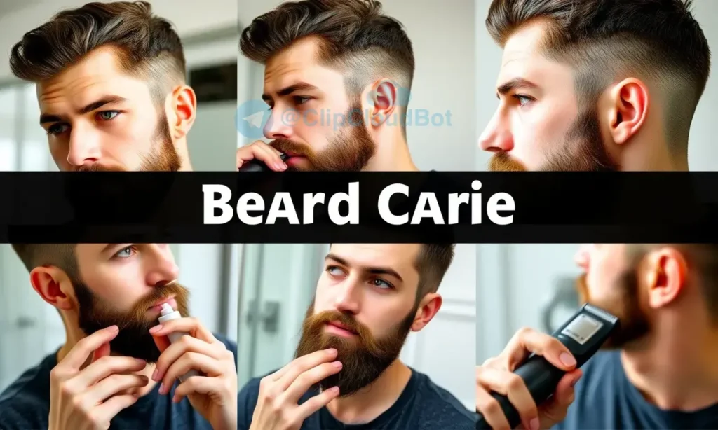 A well-groomed man with a short beard, showcasing different stages of beard care. The image should include close-up shots of the beard, highlighting the use of beard oil, balm, and a beard brush. The man should be depicted in various settings, such as applying beard oil in the bathroom, brushing his beard in front of a mirror, and using a beard trimmer to maintain the length. The overall theme should emphasize the importance of proper beard care to prevent itching and maintain a healthy appearan