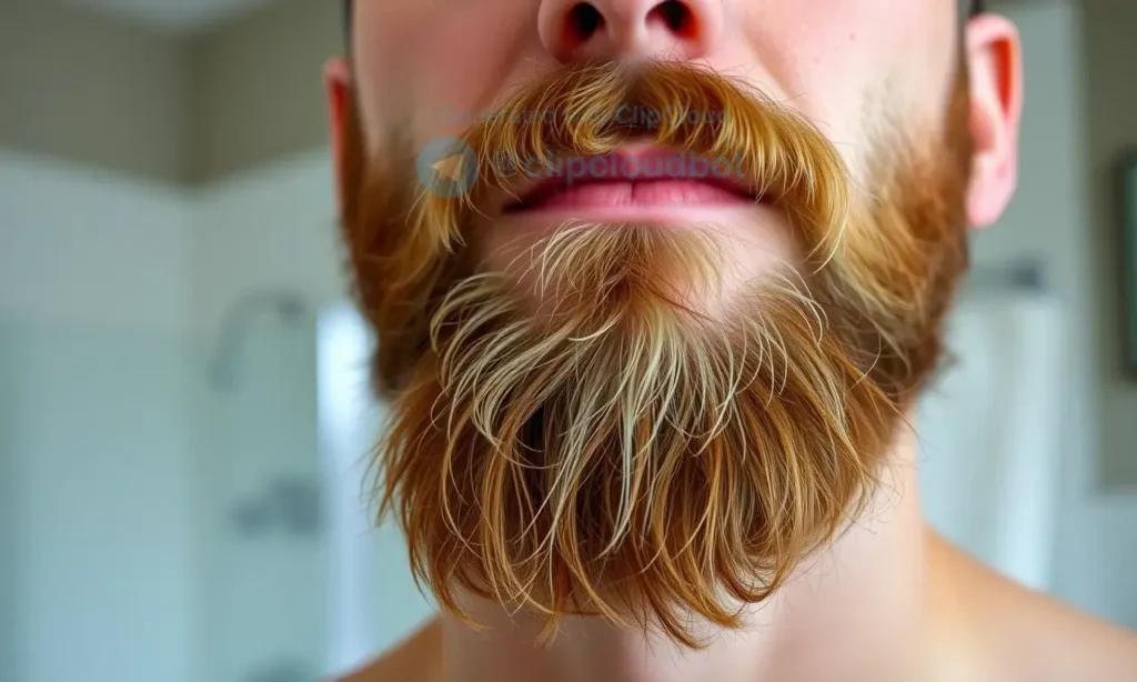 A close-up shot of a man with a well-groomed beard, looking clean and healthy. Focus on the texture and fullness of the beard. Soft, natural lighting. The background is blurred, suggesting a bathroom setting.