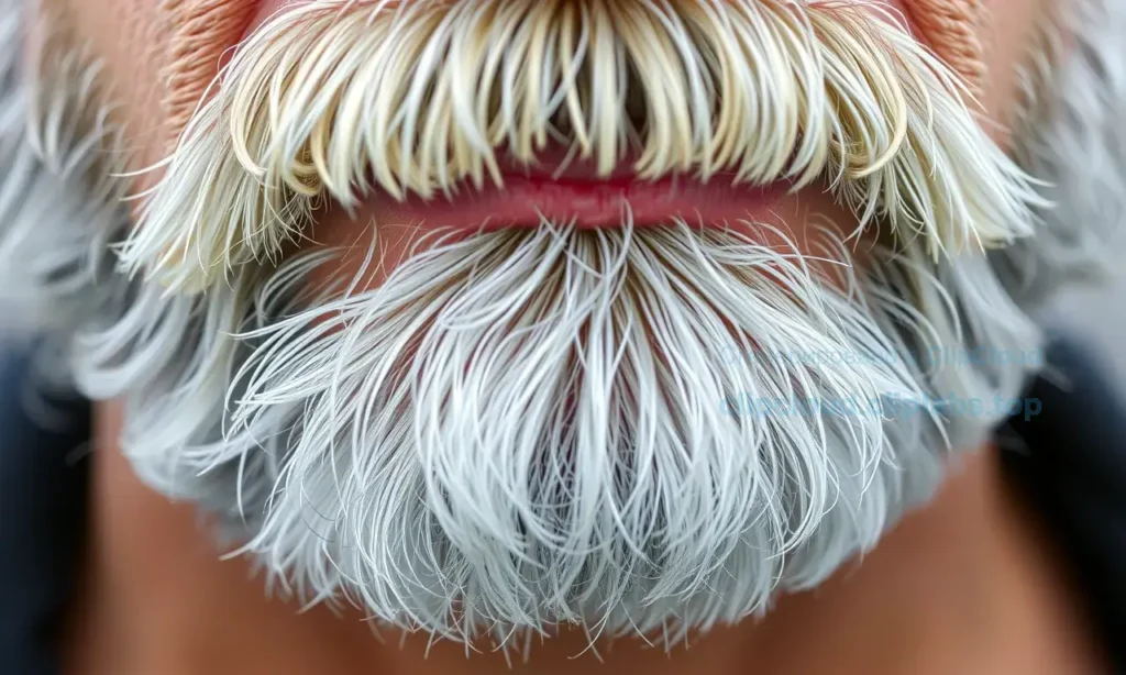 A close-up of a gray beard with visible yellowing discoloration, showing natural skin tones and subtle texture details, without any artificial coloring or cosmetic products applied
