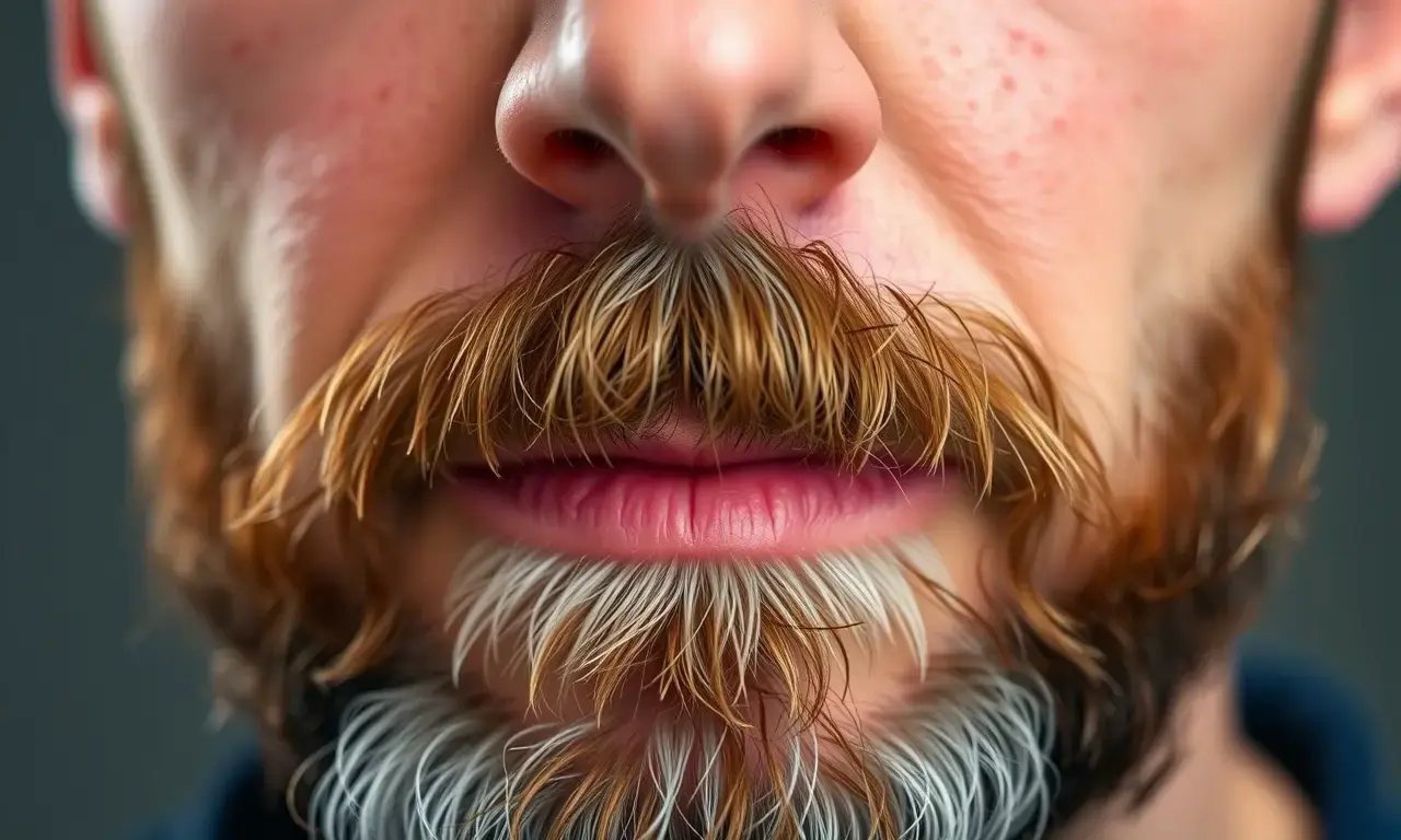 A close-up of a man's face showing a patchy, uneven beard growing in small clumps, with some areas of the chin and cheeks completely missing hair, realistic skin texture, natural lighting, focus on the beard irregularity