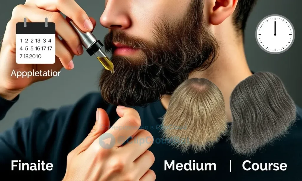 A well-groomed man with a neatly trimmed beard applying a few drops of beard oil from a clear bottle onto his beard, with a subtle visual cue of a calendar or clock indicating regular application intervals; the scene includes variations of beard textures (fine, medium, coarse) shown side by side, all rendered in a realistic, high‑definition style without any text or symbols.