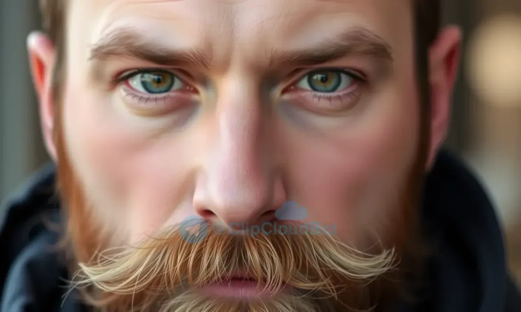 Close-up portrait of a man with a well-groomed beard and mustache, looking directly at the camera with a neutral expression. Focus on the texture and detail of the facial hair. Soft, natural lighting.