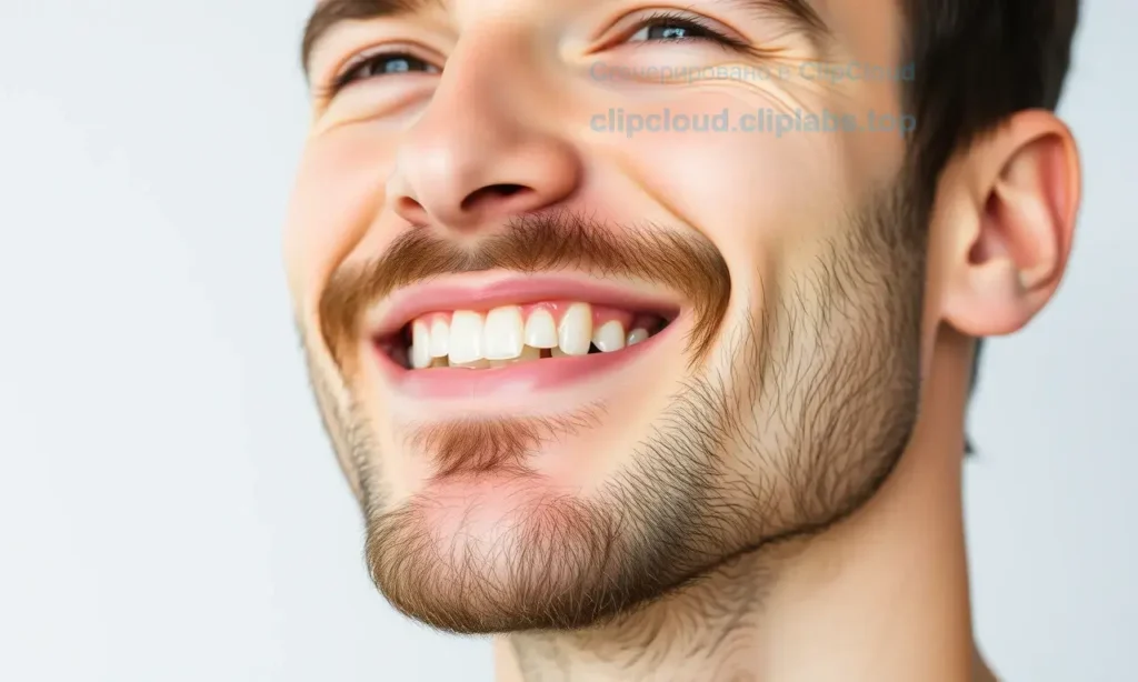 A close-up portrait of a man with a well-groomed short beard, showcasing a smooth and healthy appearance. The man should be smiling, with a clean and well-maintained beard that looks soft and comfortable. The background should be simple and neutral, focusing on the man's face and beard.