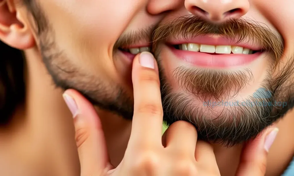 A close-up, high-quality shot of a man's face with a well-groomed beard, gently touching the cheek of a smiling woman. The focus is on the soft texture of the beard and the affectionate interaction, illustrating the concept of a comfortable and non-irritating beard after proper care. The lighting is warm and natural, highlighting the smoothness of the skin and the beard.