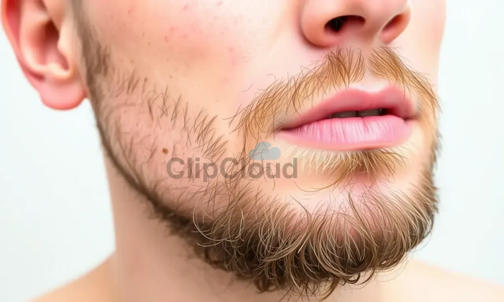A close-up of a man's face with dry, flaky skin under the beard after a shower. The skin should appear slightly red and irritated, with visible flakes. The beard should be well-groomed but with some areas where the skin underneath is clearly visible. The background should be neutral, focusing on the skin condition.