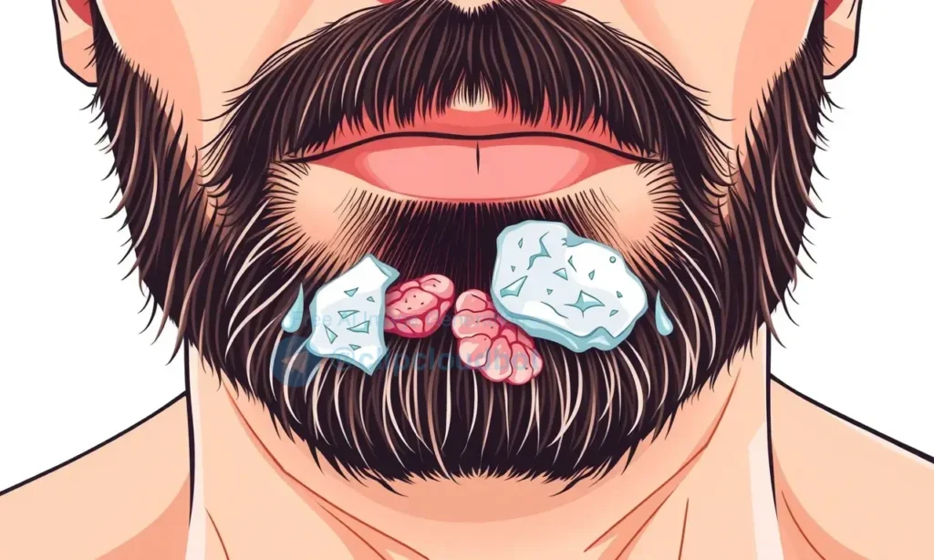 A close-up illustration showing human skin under a beard with visible flaky, peeling skin after a shower, depicting dryness and irritation, with clear details of skin texture and beard hair, in a clean, medical or skincare educational style