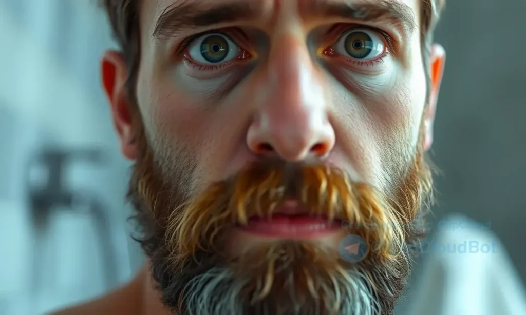 A close-up shot of a man with a well-groomed beard, looking slightly concerned. Focus on the beard itself, showing healthy-looking hair. The background is blurred, suggesting a bathroom setting. The lighting is soft and natural, highlighting the texture of the beard. The overall mood is one of subtle problem-solving or contemplation.