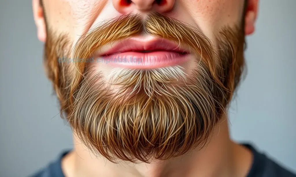 A close-up of a well-groomed man's beard with natural facial hair, showing healthy texture and subtle shine from daily beard oil application, soft natural lighting, no visible irritation or redness, realistic skin and hair detail, neutral background