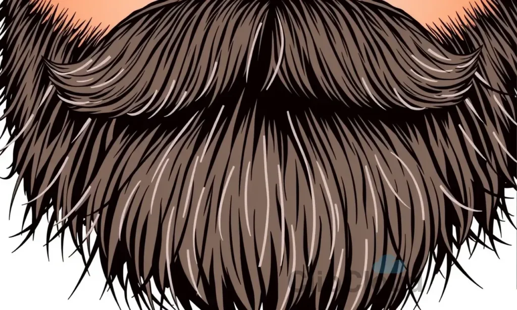 A close-up illustration of a man's beard with various textures and directions, showcasing different hair lengths and densities. The beard should appear slightly messy and natural, with some strands pointing in different directions. Focus on the detail of the individual hairs and the overall volume of the beard.