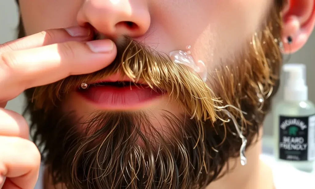 A close-up of a man's well-groomed beard being cleaned, showing a hand gently wiping away a thin layer of wax with a soft brush or cloth, droplets of water and a small bottle of beard-friendly cleanser nearby, natural lighting highlighting the clean, smooth beard without any residue