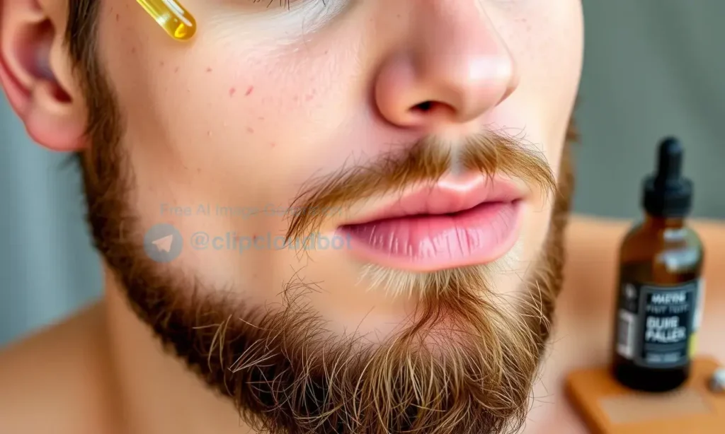 A clean, natural beard with a few drops of oil being gently applied to the skin underneath, showing a calm and healthy complexion with no visible acne, soft natural lighting, minimalist grooming setup with a small bottle of beard oil and a wooden comb nearby