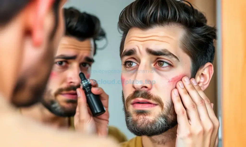 A person with a beard applying beard oil to their face, showing skin redness and irritation as a result of an allergic reaction. Include visible signs of inflammation, such as red patches, slight swelling, and discomfort on the skin. Depict the person looking concerned while examining their face in a mirror.