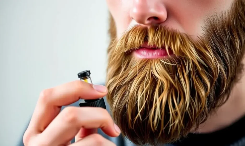 A close-up, high-quality shot of a man with a well-groomed beard applying beard oil. He is holding a small dropper bottle and carefully applying the oil to his beard. The focus is on the action of application and the texture of the beard. The background is softly blurred to keep the attention on the subject.
