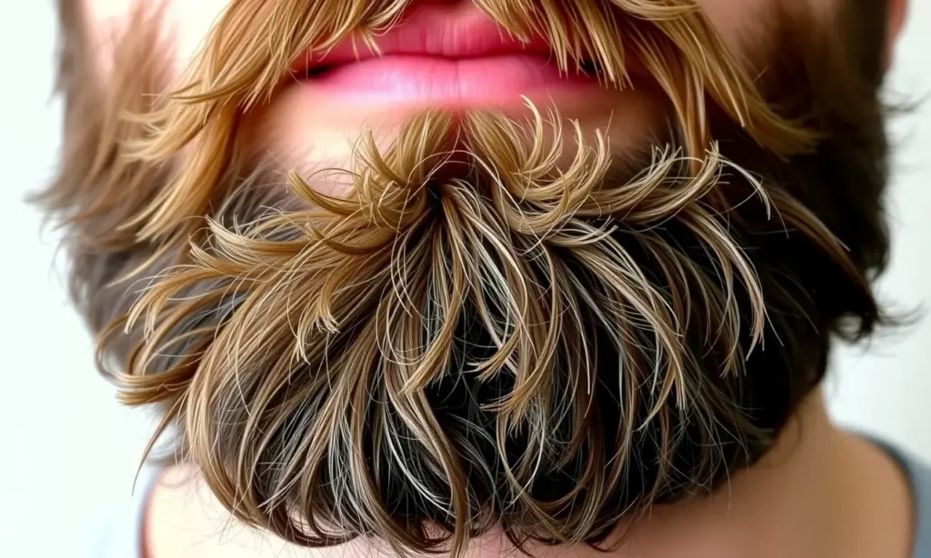 A close-up image of a well-groomed beard with dry tips, focusing on the contrast between the healthy, moisturized parts of the beard and the dry, brittle ends. The beard should appear natural and well-maintained, with the dry tips clearly visible but not overly exaggerated. The background should be neutral and uncluttered to keep the focus on the beard.