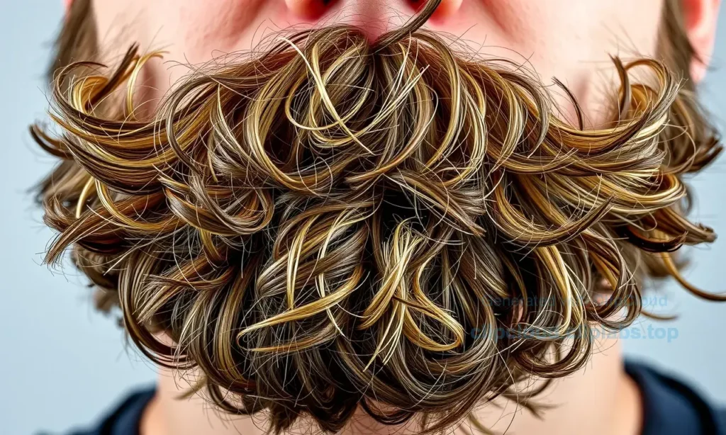 A close-up, high-quality photograph of a man's face showing a beard that is frizzy, unkempt, and sticking out in various directions. The image should clearly illustrate the texture and volume of the unruly beard against the skin, highlighting the 'poofy' or 'static' effect without any visible text or logos.