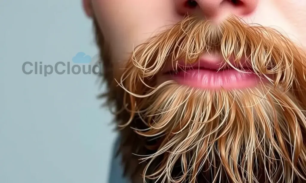A close-up of a well-groomed beard with some strands sticking out in different directions, showcasing the natural texture and volume. The beard should appear slightly unruly but still stylish, with a focus on the facial hair and the skin underneath. The image should convey the challenge of managing beard hair that tends to stick out.