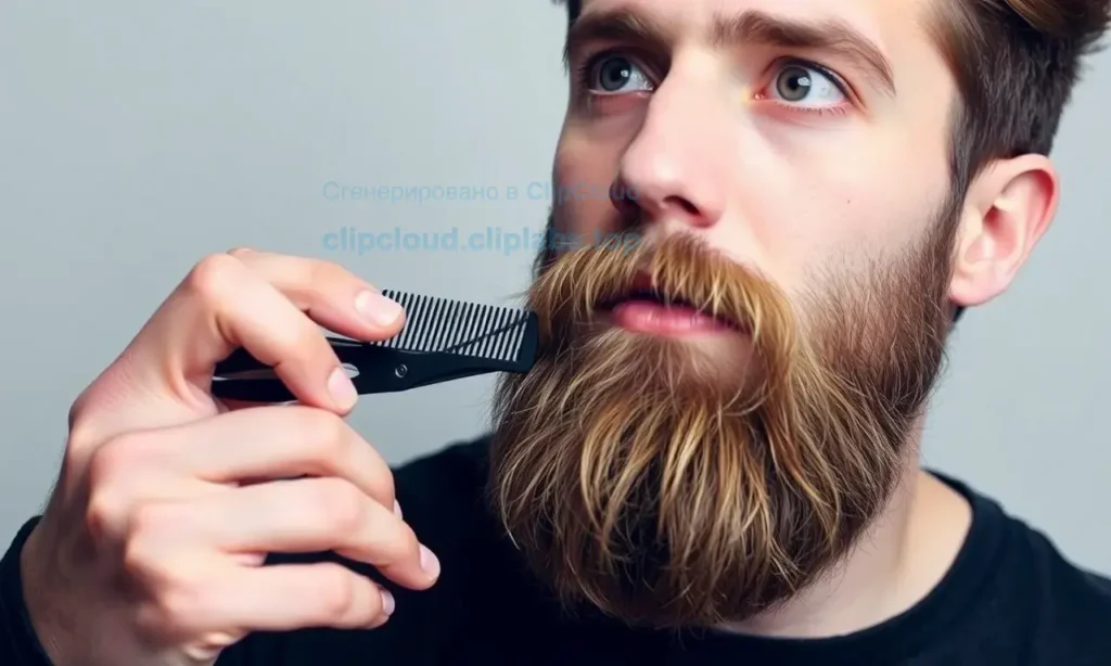 A man grooming his beard with a comb and scissors, showing the process of trimming and shaping facial hair. The image should depict a clean, well-maintained beard with visible grooming tools and a focused individual preparing for beard growth. The background should be simple and neutral to emphasize the grooming process.