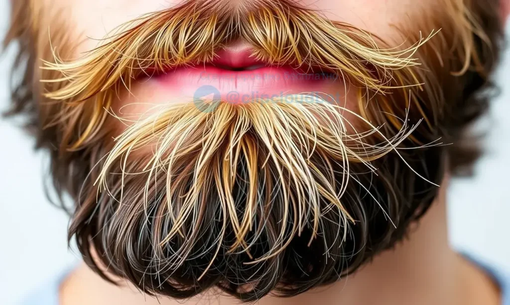 A close-up of a well-groomed beard with oily roots and dry ends, showcasing the contrast in texture. The beard should be neatly styled, with visible shine at the roots and slightly frizzy or brittle ends. The background should be neutral to keep the focus on the beard.