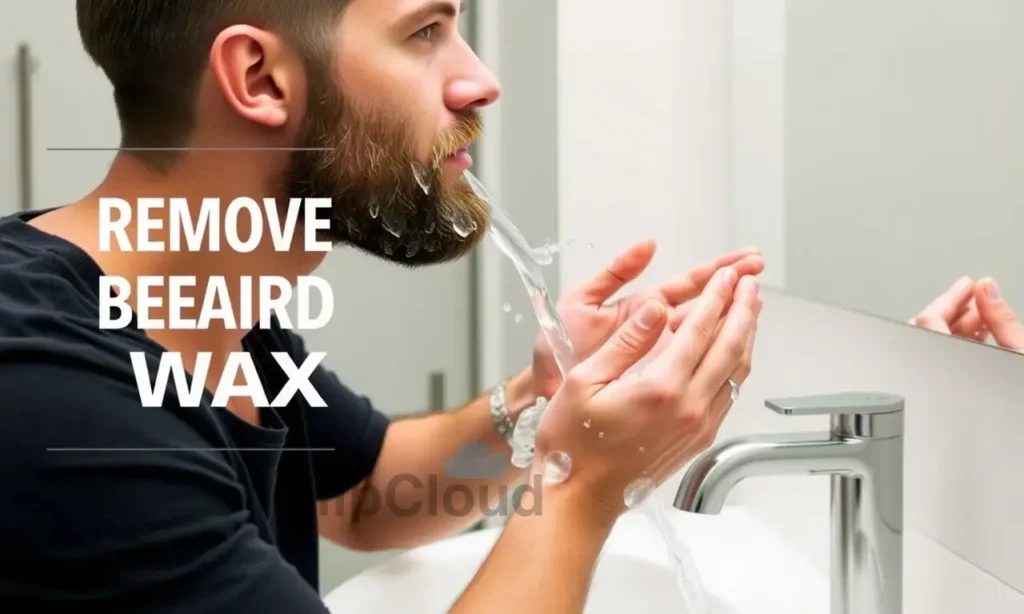 A clean, well-lit bathroom scene showing a man with a neatly groomed beard washing his face in a sink. Water is running, and he is using his hands to rinse his beard, demonstrating the process of removing beard wax. The focus is on the clean, hydrated look of the beard after washing, with no visible wax residue or film. The background is a modern, clean bathroom with neutral tones.