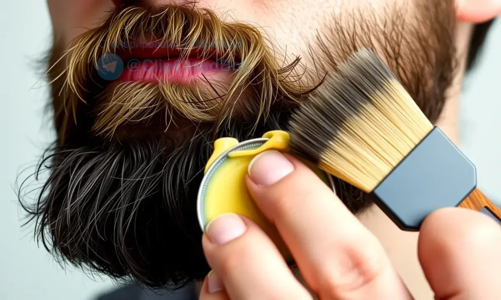 A close-up shot of a man's beard being styled with beard wax. The beard is neatly shaped and holds its form. The wax is being applied with a brush. Focus on the texture and detail of the beard and the wax.