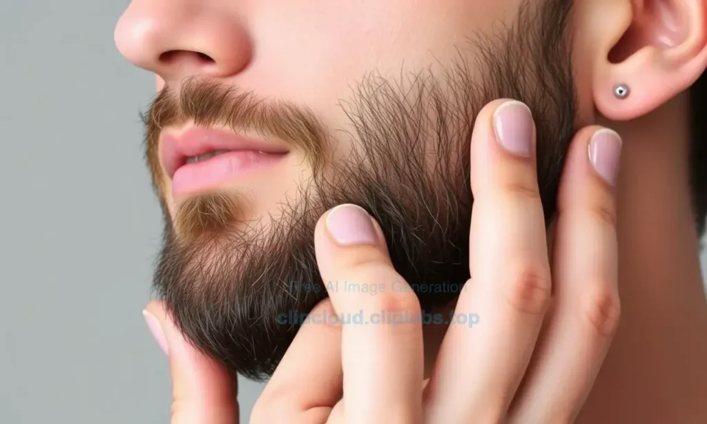 A close-up shot of a man in the early stages of growing a beard, showcasing his facial hair. The man is applying a beard softening product, such as beard oil or balm, with his fingers. The image should highlight the texture of the beard and the application process. The man has a well-groomed appearance, with clean skin and a neat hairstyle. The background is simple and uncluttered, focusing on the beard care routine.
