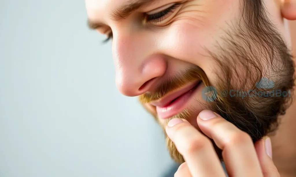 A close-up shot of a man applying beard wax to his beard. The man is smiling slightly, showing a focused expression. The beard is neatly groomed and slightly textured. The background is blurred, focusing attention on the man and his beard.