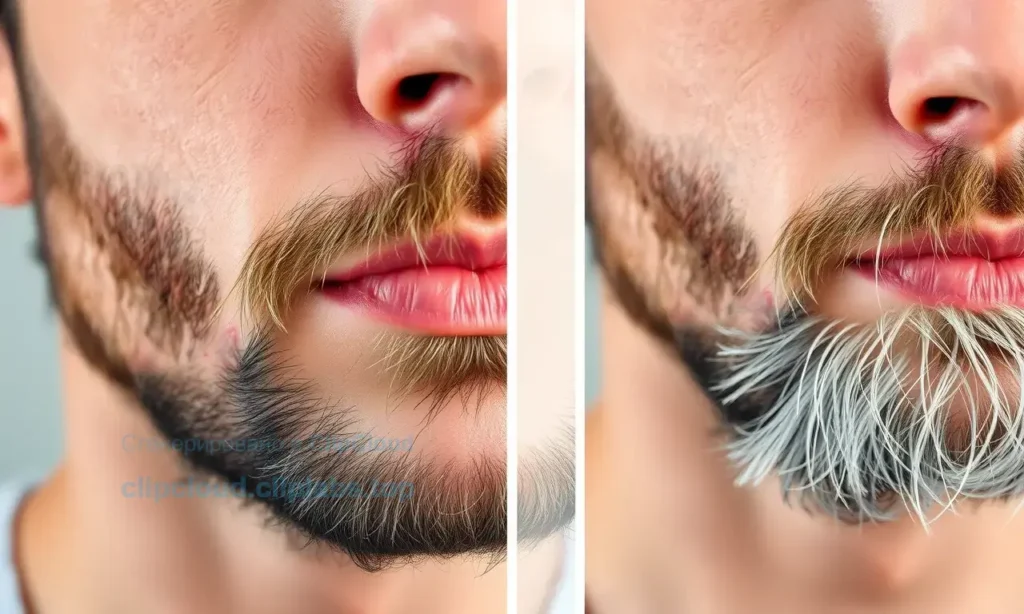 A close-up of a man's face showing a newly grown beard with visible irritation and redness, contrasted with a longer, well-maintained beard on the same face that appears smooth and healthy; subtle visual cues like tiny scratching motions or faint itch lines near the new growth, soft natural lighting, high detail on skin texture and facial hair, no text or symbols