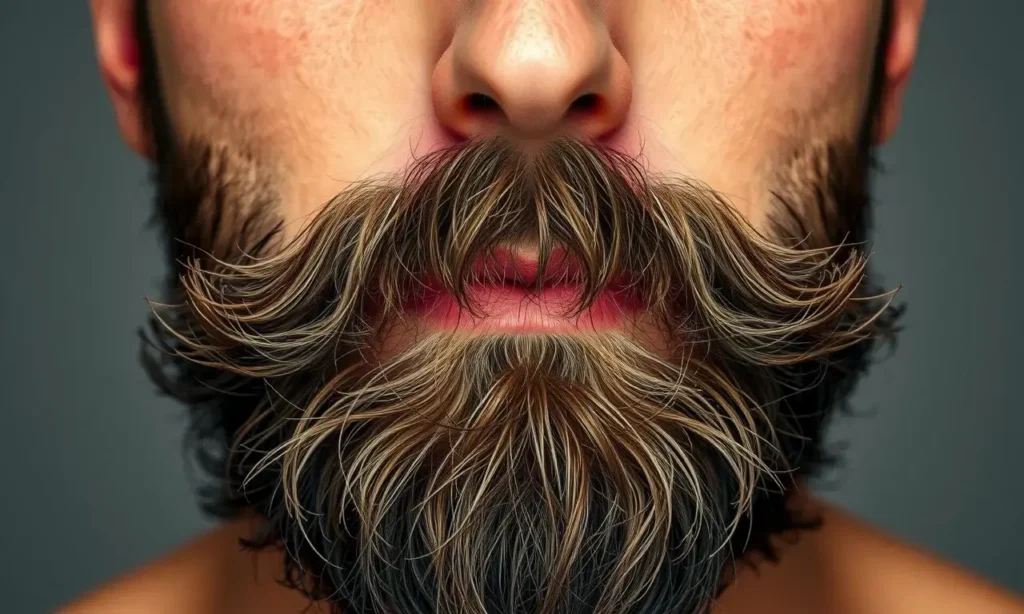 A close-up of a well-groomed man's beard with dry, split ends, showing natural skin texture on his face, realistic lighting, high detail, no text or symbols, neutral background