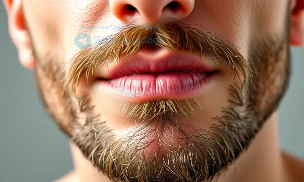 A close-up of a man's face with a beard, showing oily skin underneath the facial hair, natural lighting, realistic skin texture, subtle shine on the skin, clean and well-groomed appearance, no makeup, no products visible, dermatologically accurate representation